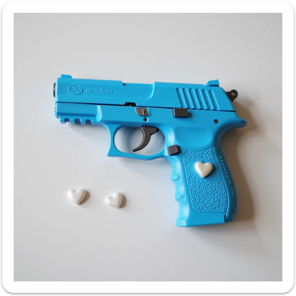 photorealistic blue pistol with a pearl handle, no heart shapes or motifs, on a white background sticker