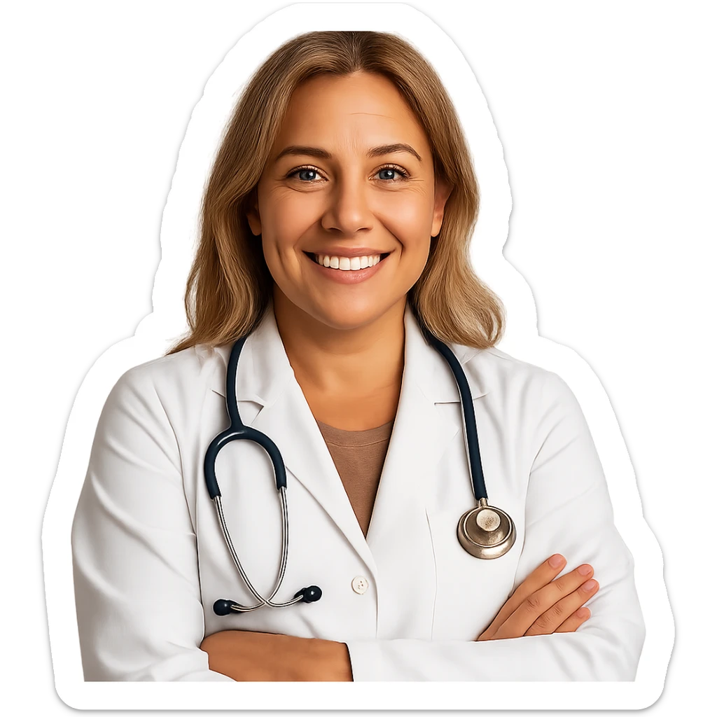 realistic and warm Latina doctor with light blonde hair sticker