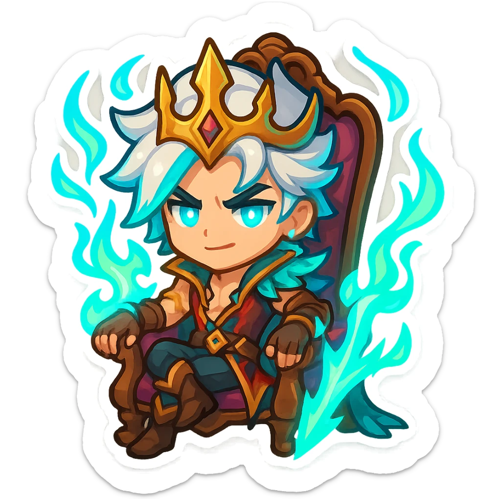 Soul Fighter Viego sitting on a king's chair, chibi emoji style, with Soul Fighter effects, vibrant and dynamic energy, detailed costume and crown, expressive face, glowing accents sticker