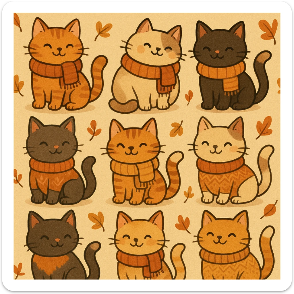 cute cats in scarves and sweaters, seamless pattern, autumn colors, warm and cozy vibe, playful cartoon style sticker