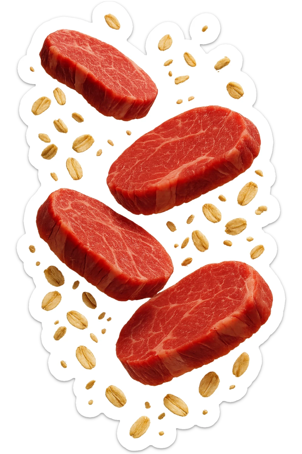 FETTINE DI CARNE FLUTTUANO IN ARIA INSIEME A FIOCCHI DI AVENA, IPERREALISTICO 4K sticker