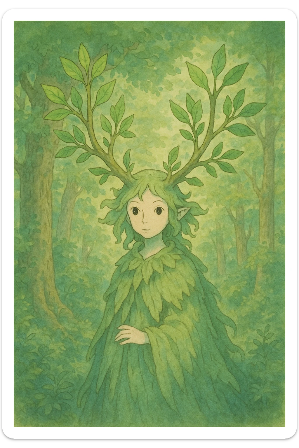a whimsical forest spirit with leafy antlers, ghibli style, detailed, enchanting, soft colors sticker