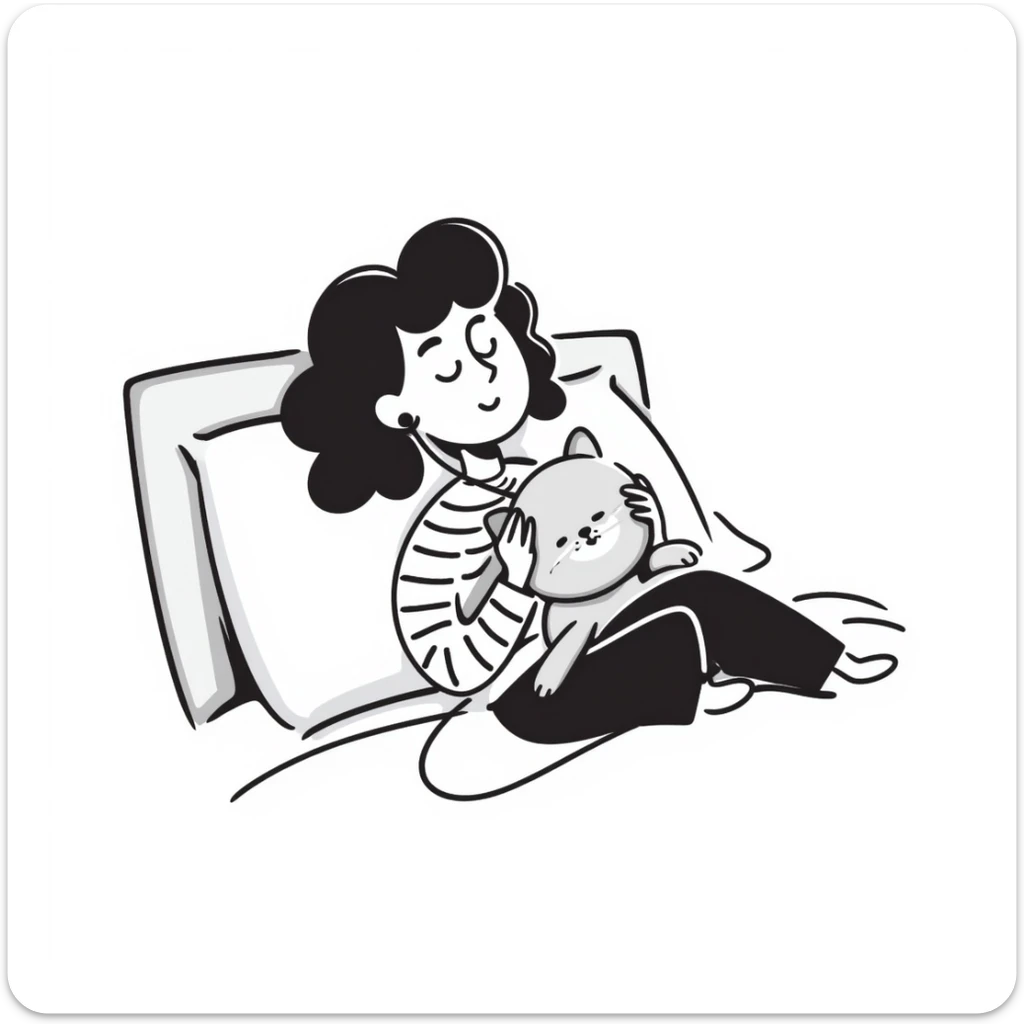 Girl lying on bed comfortably listening to music with wired earphones, holding a plush toy sticker