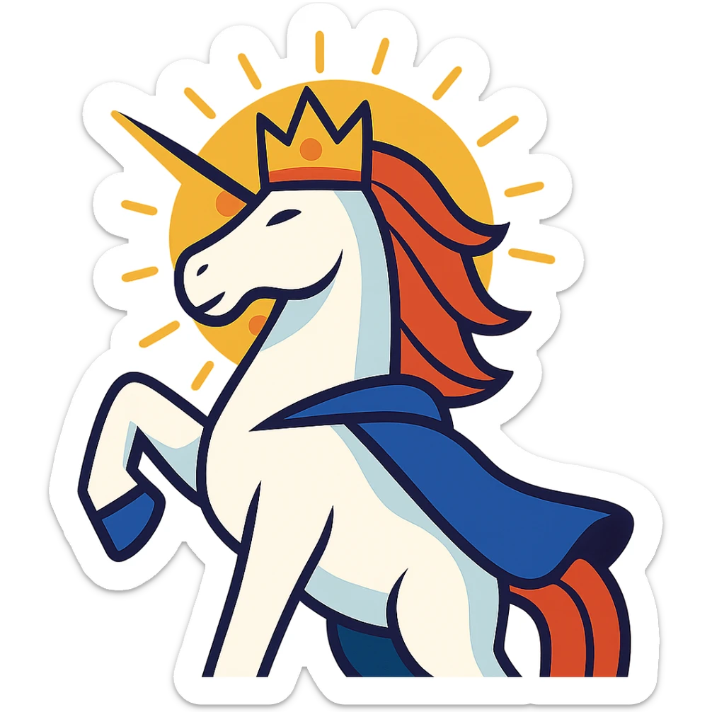 majestic unicorn king with a golden crown radiant aura shining behind looking victorious and powerful sticker