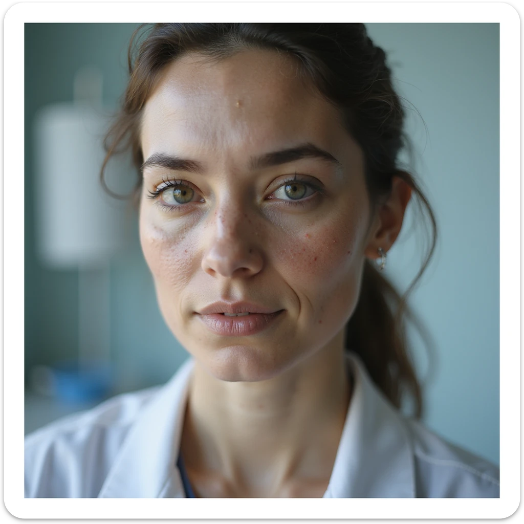 realistic woman with PCOS, realistic face and body with acne marks, chin hair, thin hair, slight overweight, hyperrealistic 4K details, medical environment sticker