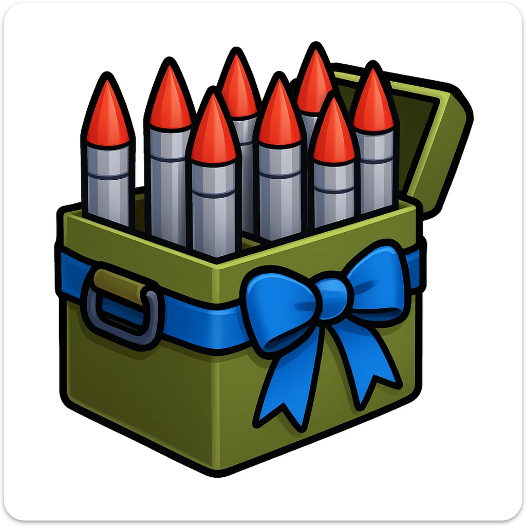 A big long military box filled with long war rockets with a blue ribbon, emoji style sticker