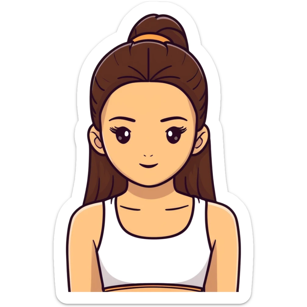 beautiful girl, long straight brown hair, brown eyes with lashes, wearing a white crop top, tan skin sticker