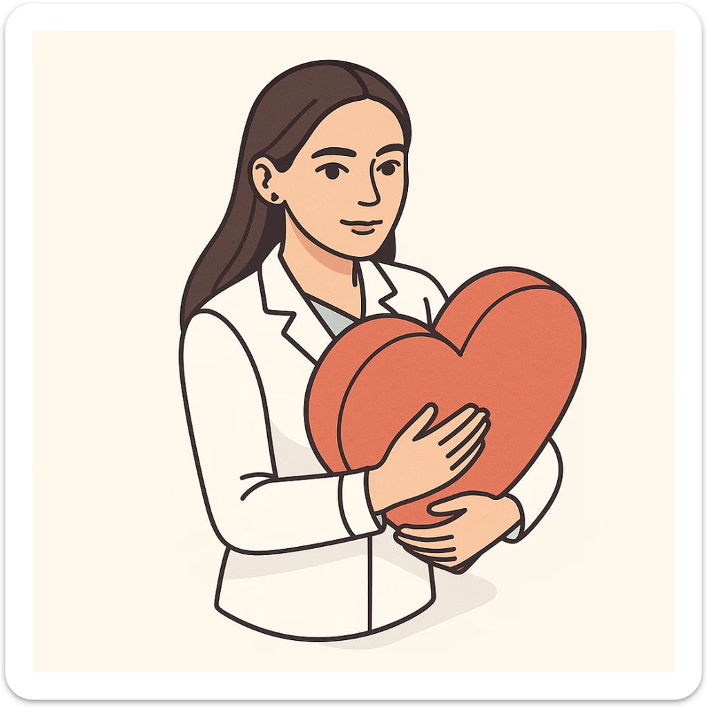 A girl doctor with dark long straight hair, detailed brown eyes (not just dots), wearing a white coat, holding or hugging a large heart with both hands, looking straight at the camera, minimalist background, in 2D isometric style. Appearance matches the reference image. sticker