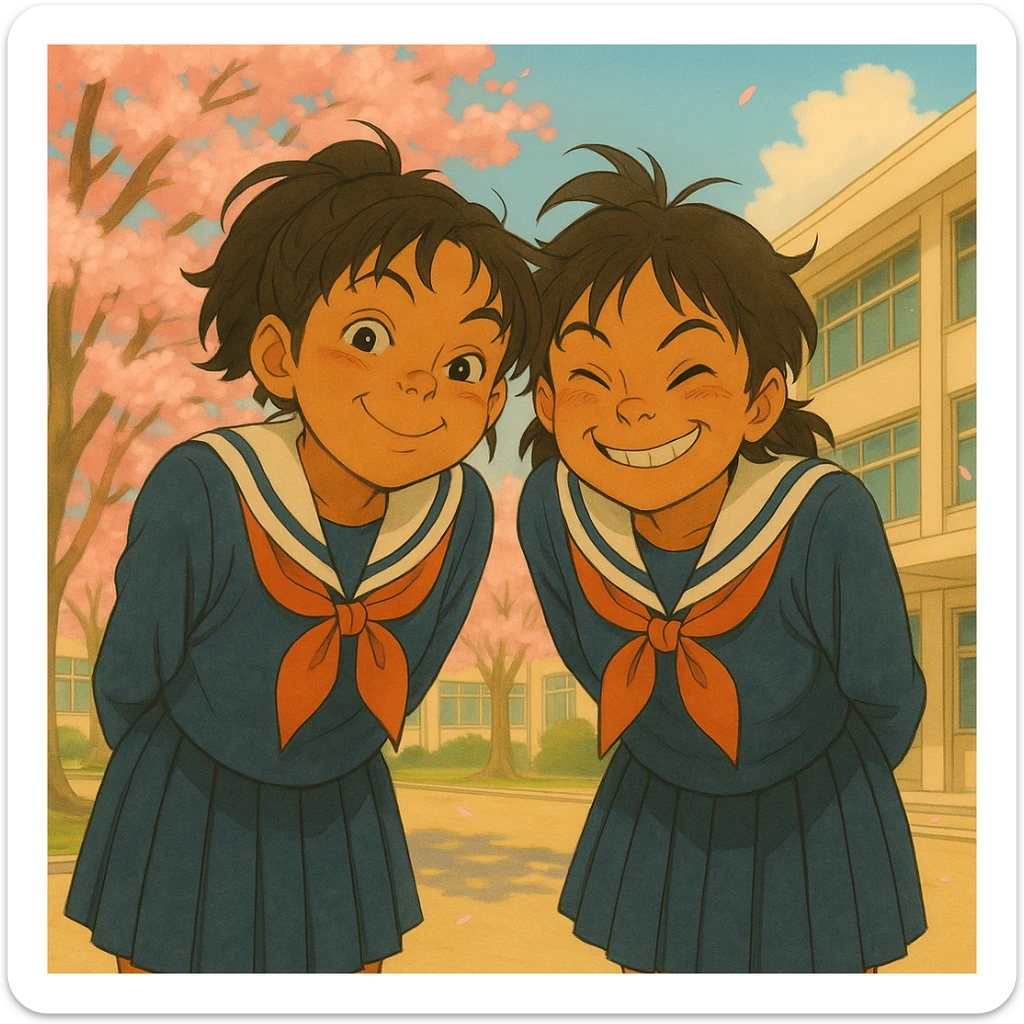 Add a friend beside the Japanese brown-skinned high school girl, both in Tokyo high school uniforms, leaning forward with mischievous smiles, cherry blossoms in the background, in Ghibli anime style. sticker