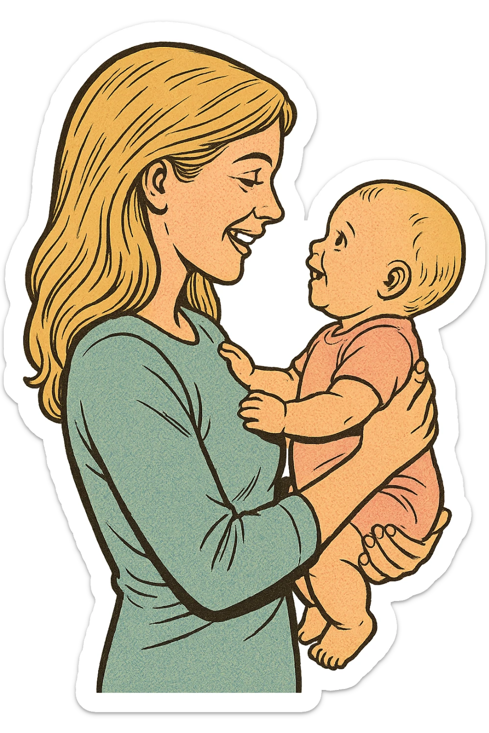 adult woman with long blonde hair holding a baby in her arms, they look at each other and smile, side view, old school comic book style, thin clean contours, soft rounded shapes, pastel palette, detailed shadows and highlights, soft lighting sticker