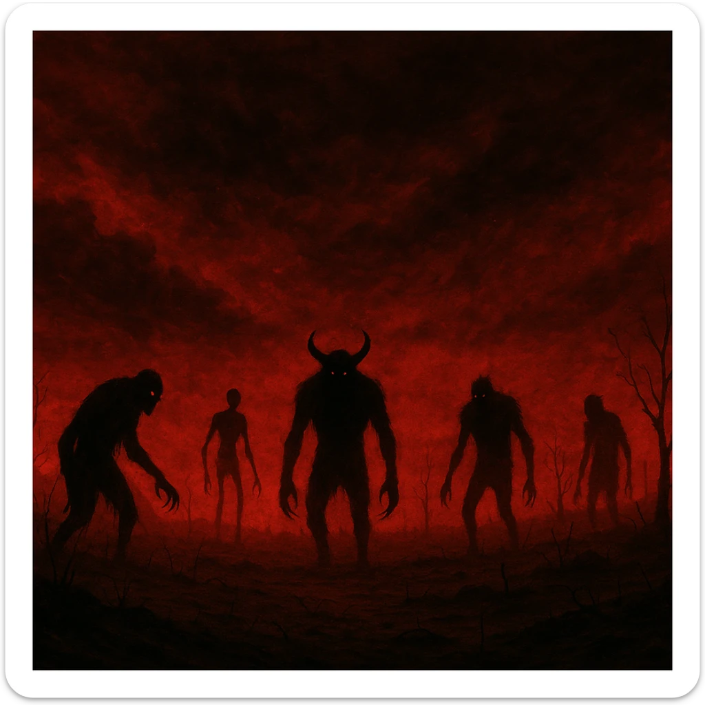 creepy banner, blood-red sky, silhouettes of monsters, barren landscape, apocalyptic horror style sticker