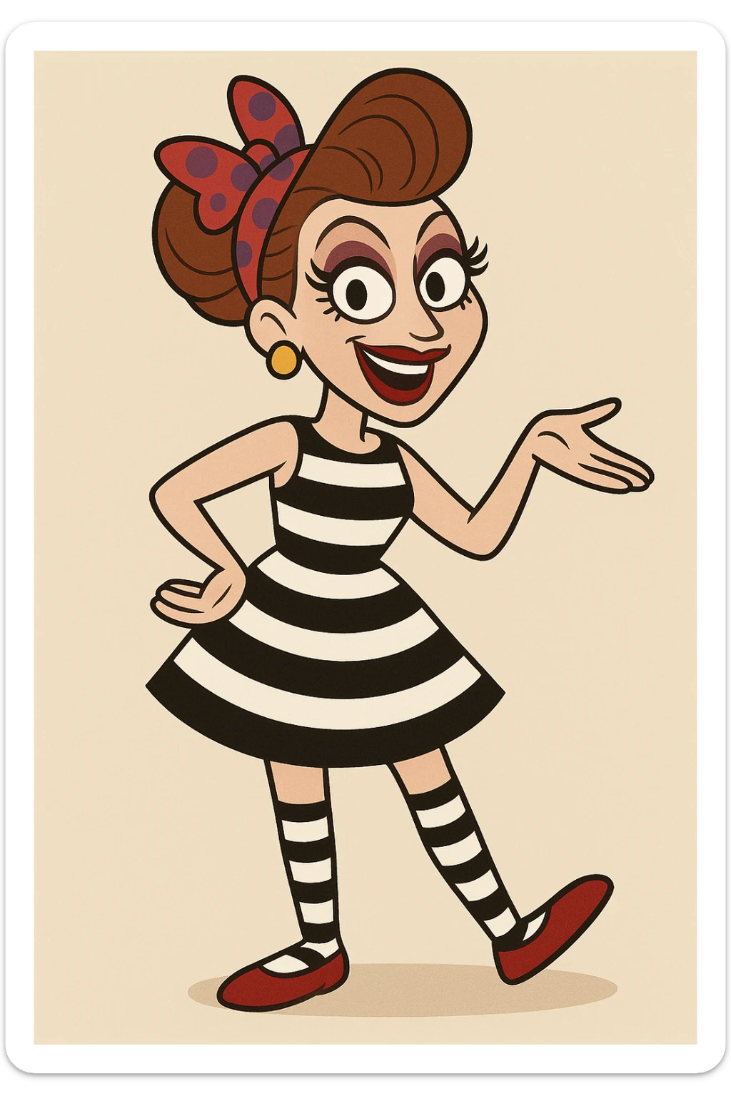 Bianca Del Rio red and purple spots hair ribbon colour dress black and white stripes socks red shoes  sticker
