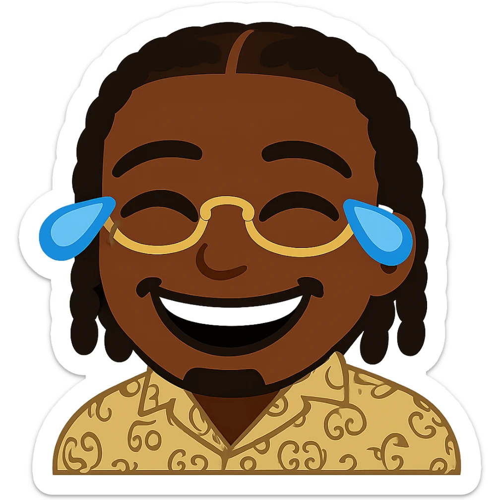 Create an emoji in the style of the provided image: a laughing face with tears of joy, keeping exactly the same dark skin tone, braided hair, golden glasses, patterned shirt, and the same general style as the reference emoji. Transparent background. sticker