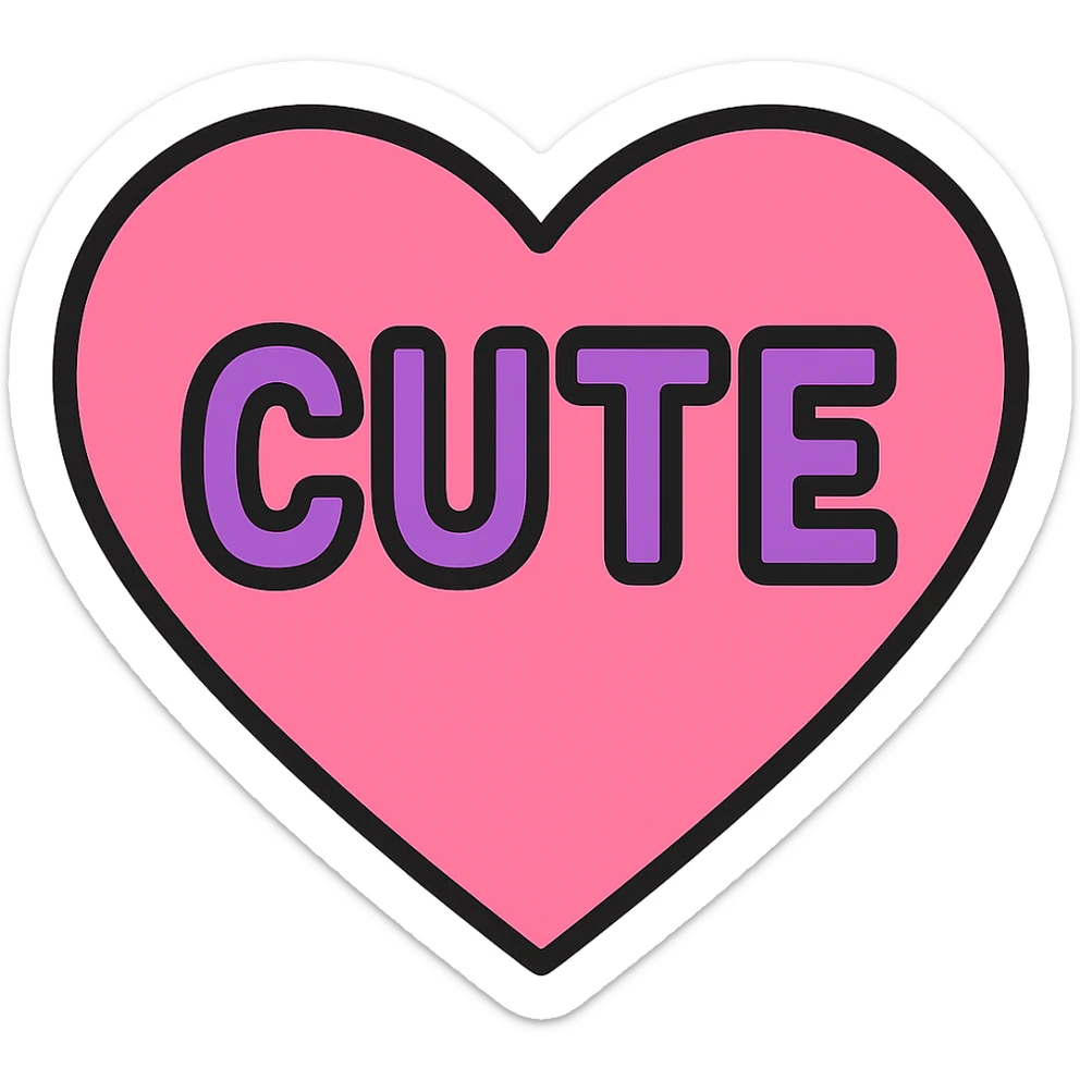 Change the word CUTE to purple, keep the pink heart and color outline icon style, bold text, with no background. sticker