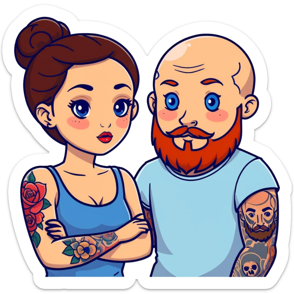 Pretty brunette girl with big eyes and big lips and a bald man with a red beard and blue eyes and one sleeve of tattoos on the man sticker
