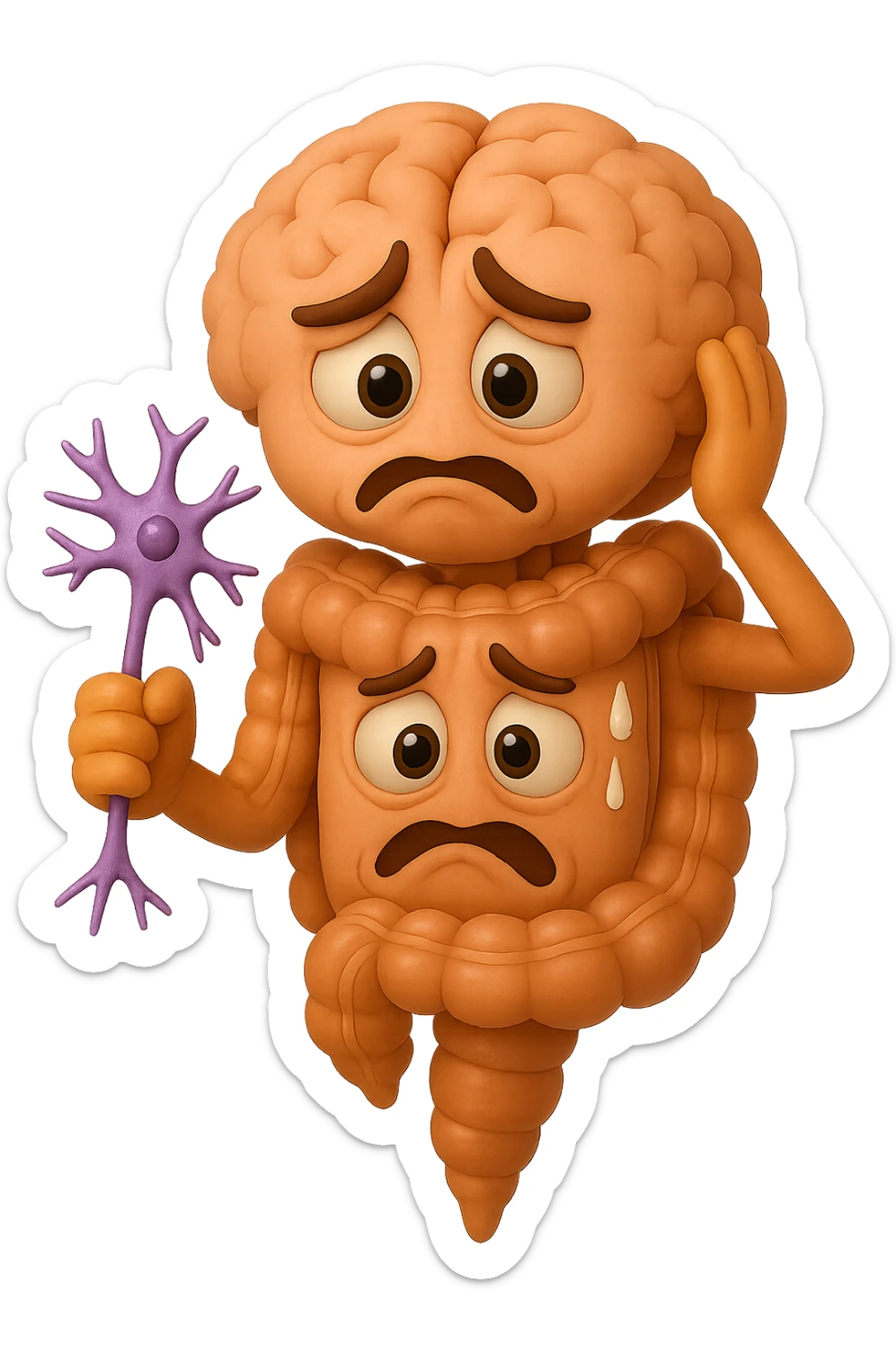 EMOJI STILE IPHONE DI UN INTESTINO collegato verticalmente ad un cervello mentre tiene in mano un neurone, espressione stressata, IPERREALISTICO 4K sticker
