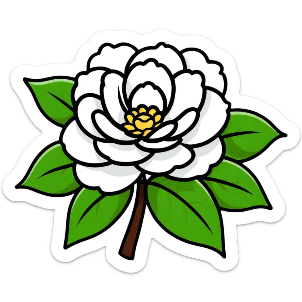 Elegant white camellia flower with symmetrical petals and rich green foliage sticker