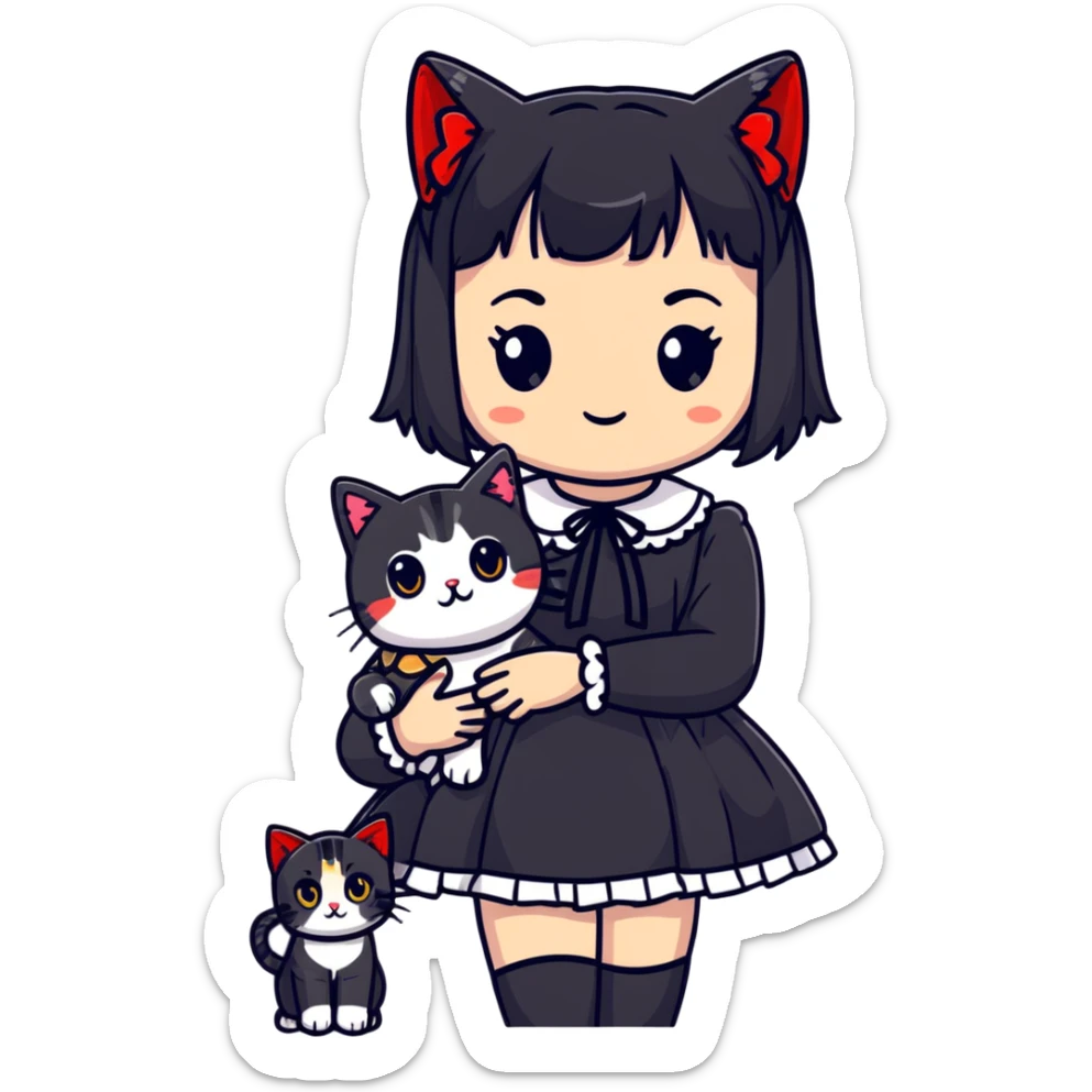 girl wearing black Lolita style dress, with medium-length black hair with red tips, and an American Shorthair tabby cat sticker