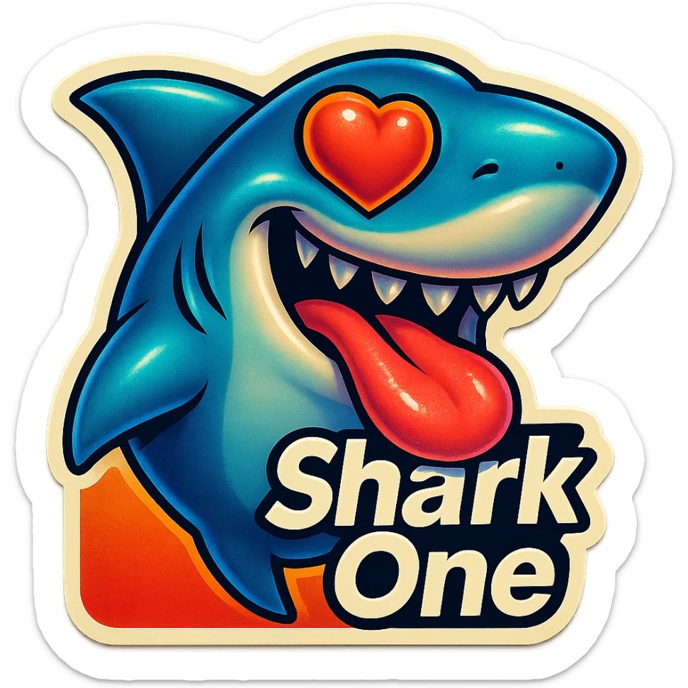 tongue out heart shaped eye add the words “ Shark One " in White sticker