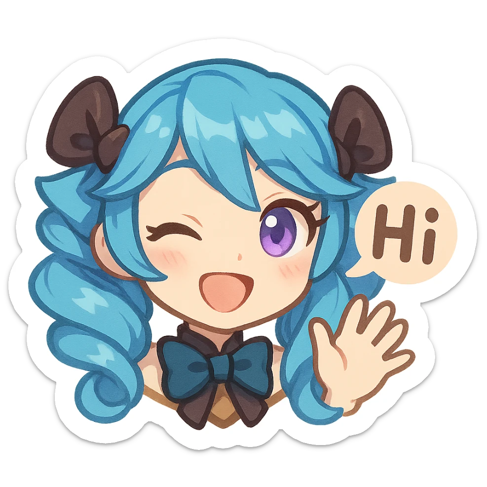 Gwen from League of Legends, chibi emote style, only head visible, right eye purple, bright hi expression, waving hand, eyes open, cute and expressive sticker