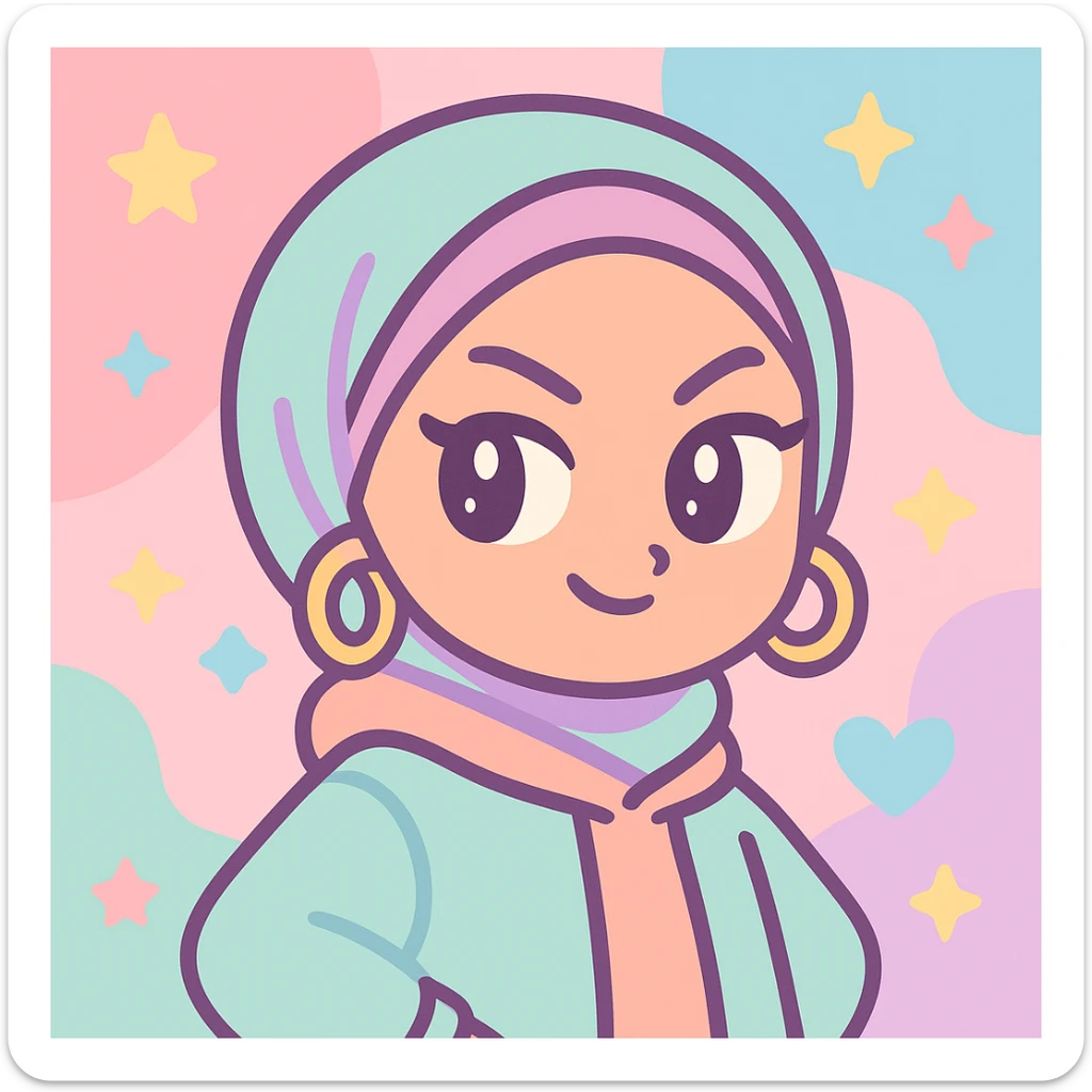 baddie hijabi, sassy expression, hoop earrings, winged eyeliner, streetwear, fashionable hijab, urban vibe, colorful background sticker
