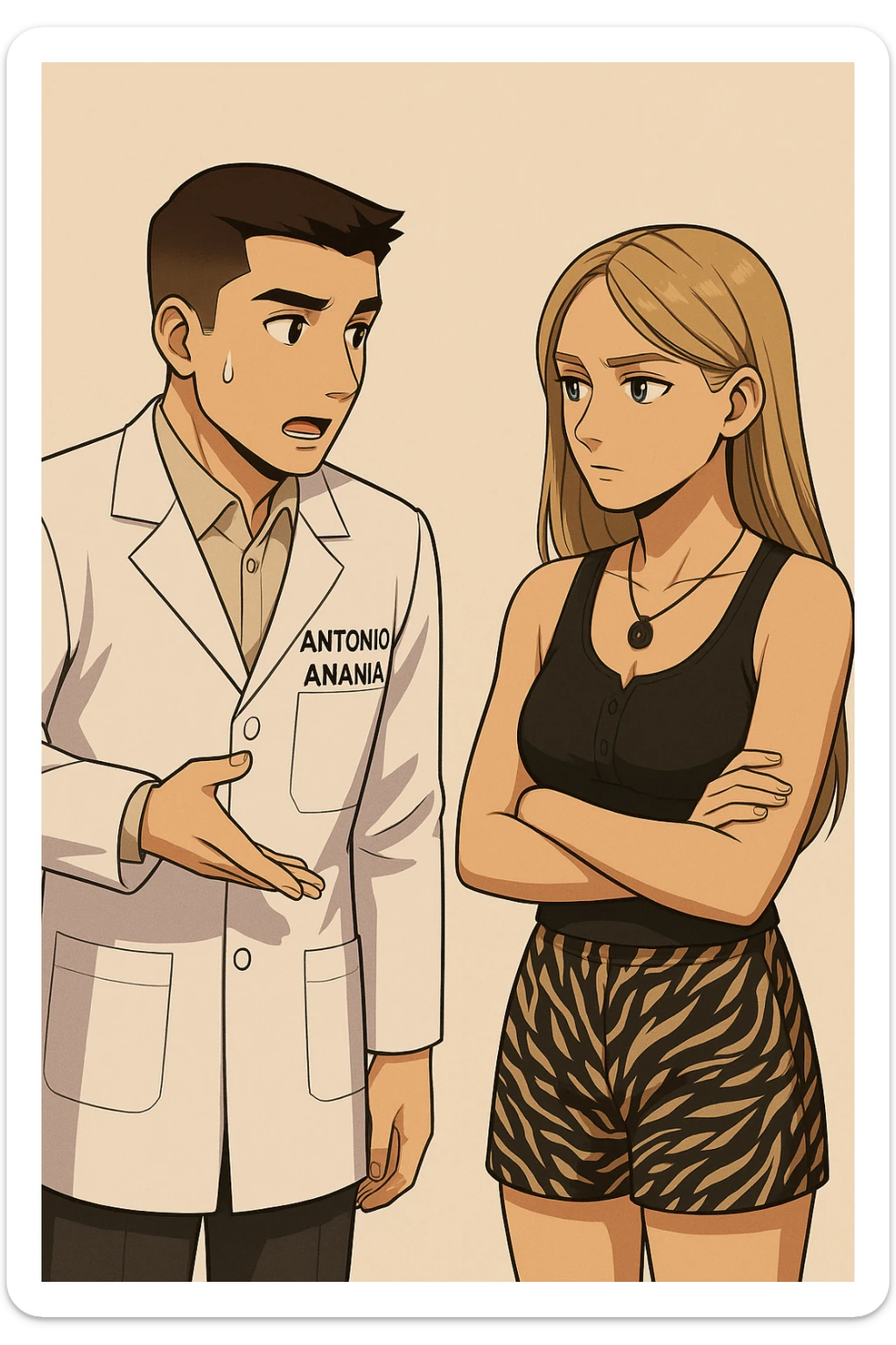 fai un webtoon/manga a colori con questo kinesiologo in camice bianco (fagli la scritta "ANTONIO ANANIA" SUL CAMICE) CHE PARLA CON QUESTA RAGAZZA CON GLI OCCHI AZZURRI. la ragazza gli fa una domanda e IL KINESIOLOGO CON IL CAMICE BIANCO LE risponde. NON FARE I FUMETTI, FAI SOLO LORO COME SE DIALOGASSERO sticker