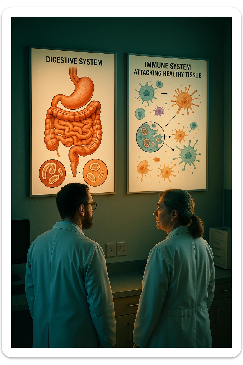 In italiano Realistic, detailed photo taken from behind of two doctors—a bearded man and a middle-aged woman—standing side by side in a modern medical office, intently studying a large, illuminated medical chart on the wall. The chart displays a detailed diagram of the human digestive system, highlighting the intestines and showing microscopic images of intestinal parasites. Next to it, another chart illustrates the immune system attacking healthy tissues, visually connecting gut parasites to autoimmune disease mechanisms. The room is bathed in a single green-blue color, with a warm, yellow-orange light casting soft shadows around the doctors. Both wear white coats and have serious, focused expressions, suggesting a deep discussion about the root causes of autoimmune conditions. Shot with a Canon EOS R5, with high detail, natural depth of field, and a clinical yet dramatic atmosphere. sticker