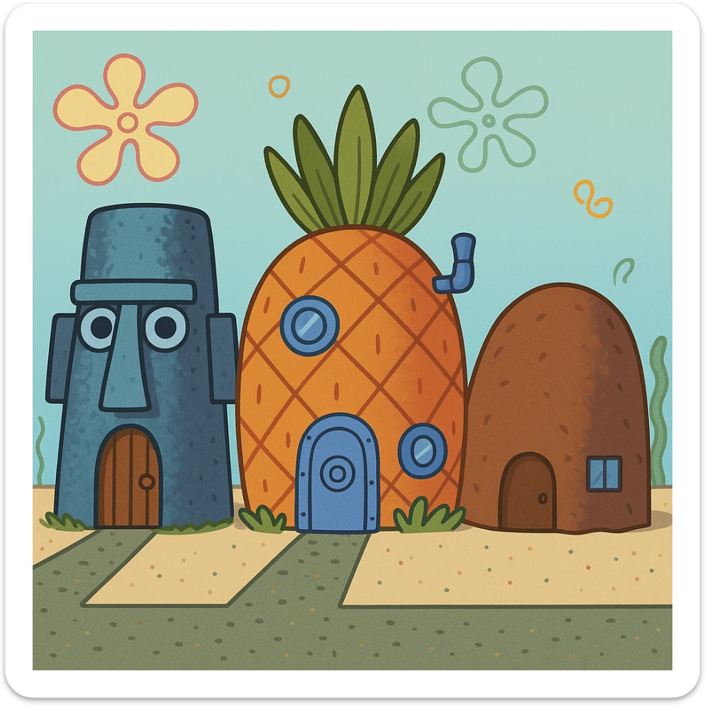 All three houses together in Bikini Bottom, cartoon style sticker