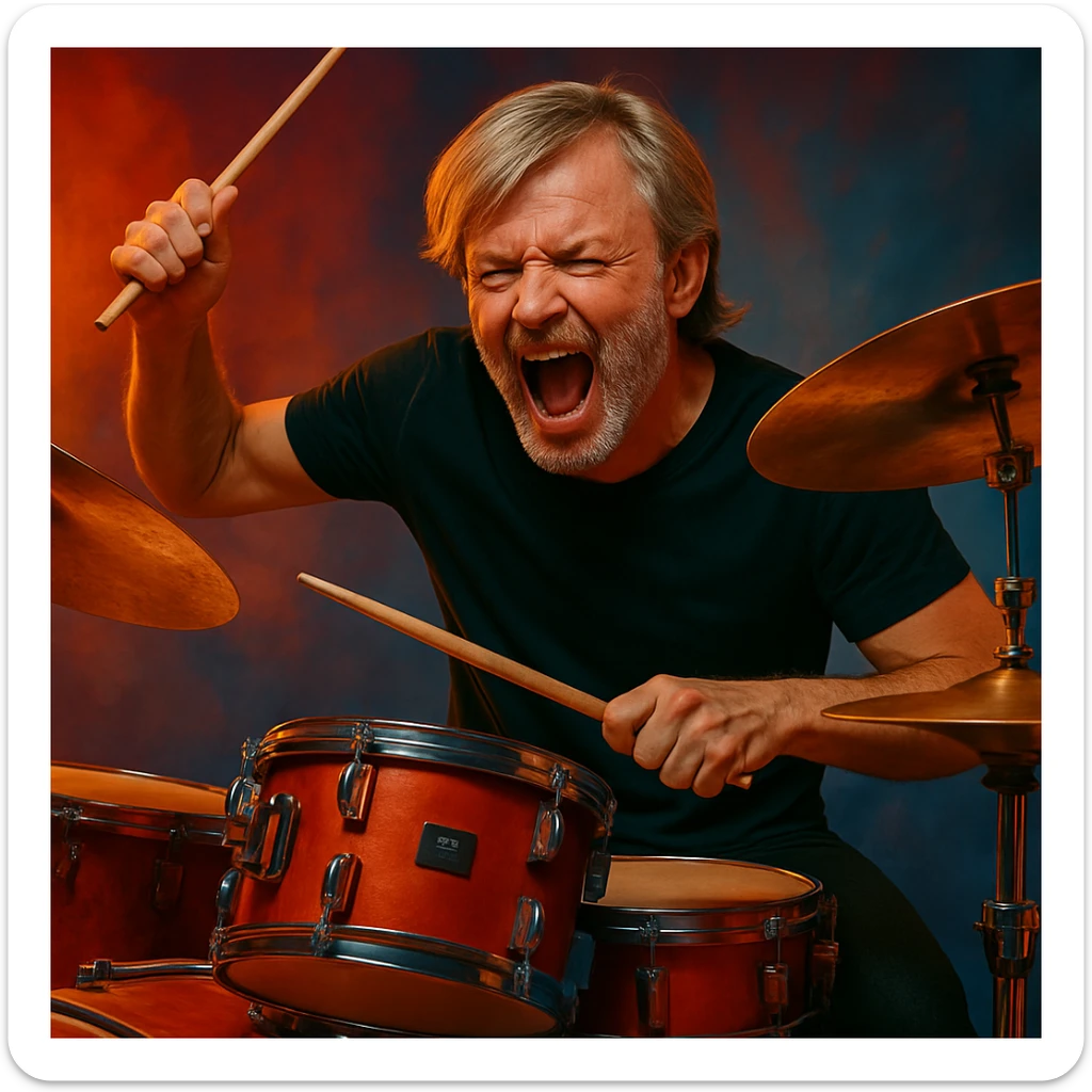 Make the male drummer look older with mature facial features and subtle signs of age, while keeping the blonde long-on-top bangs hairstyle and maintaining an energetic vibe. sticker