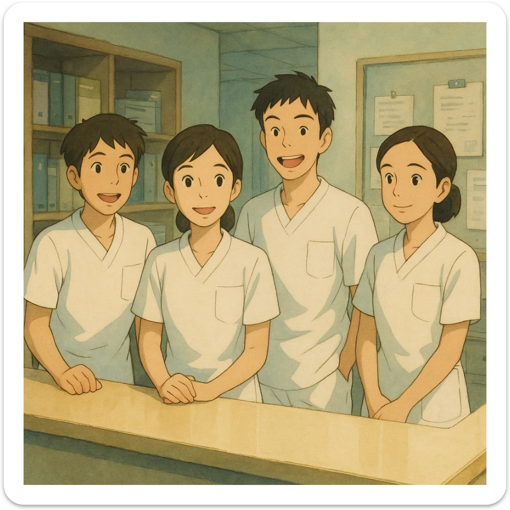 Scene of four nursing students inspired by new photos, in a care station, Ghibli style, white short-sleeve medical uniforms with V-neck and left chest pocket, no accessories, team atmosphere. sticker