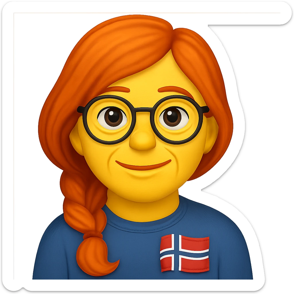 Add long wavy orange-red hair, tied loosely to the left, to a middle-aged Norwegian woman with large round glasses. Keep the emoji style and all other features the same. The style should resemble emoji style with a transparent background. sticker