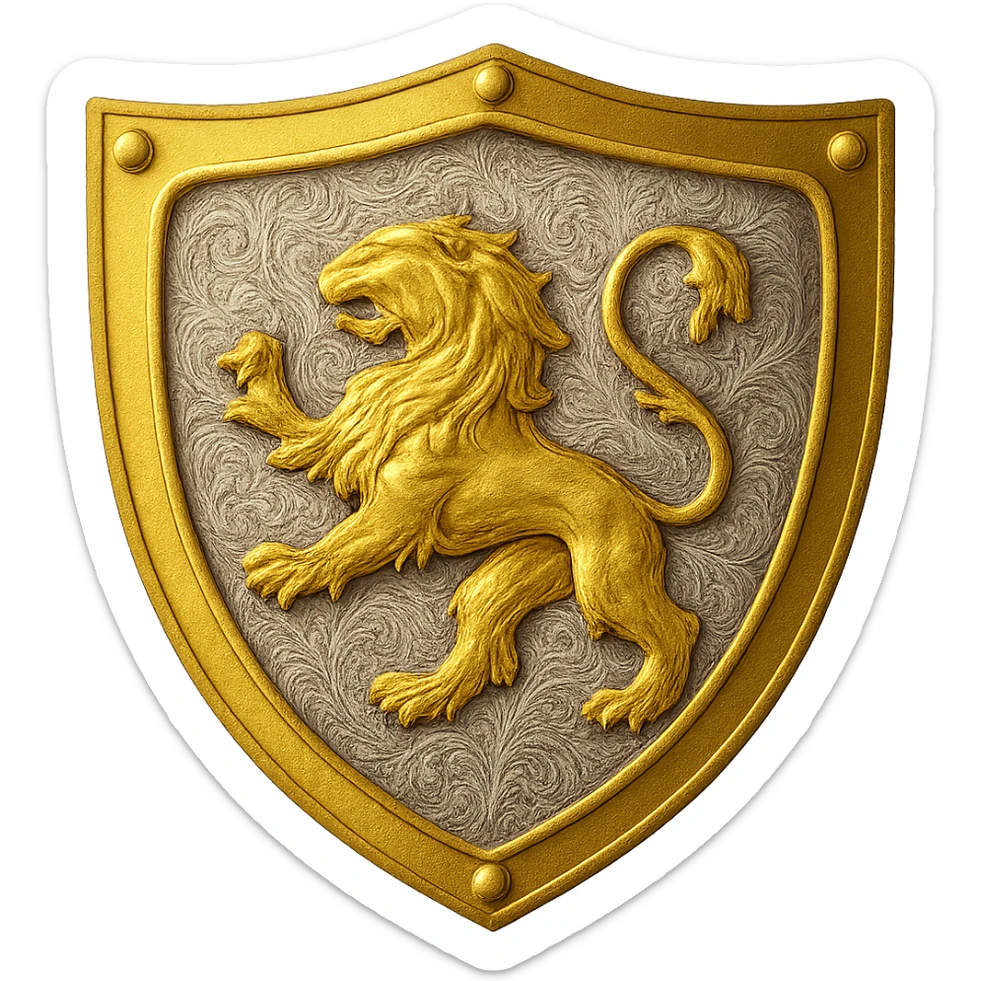 Recolor the shield to a rich, metallic plated gold color with ornate engravings inlaid with bright, reflective silver. Replace the golden bird with a majestic golden lion in the same style and position. The gold should look luxurious and shiny, and the silver engravings should be detailed and reflective. The background should be transparent. sticker