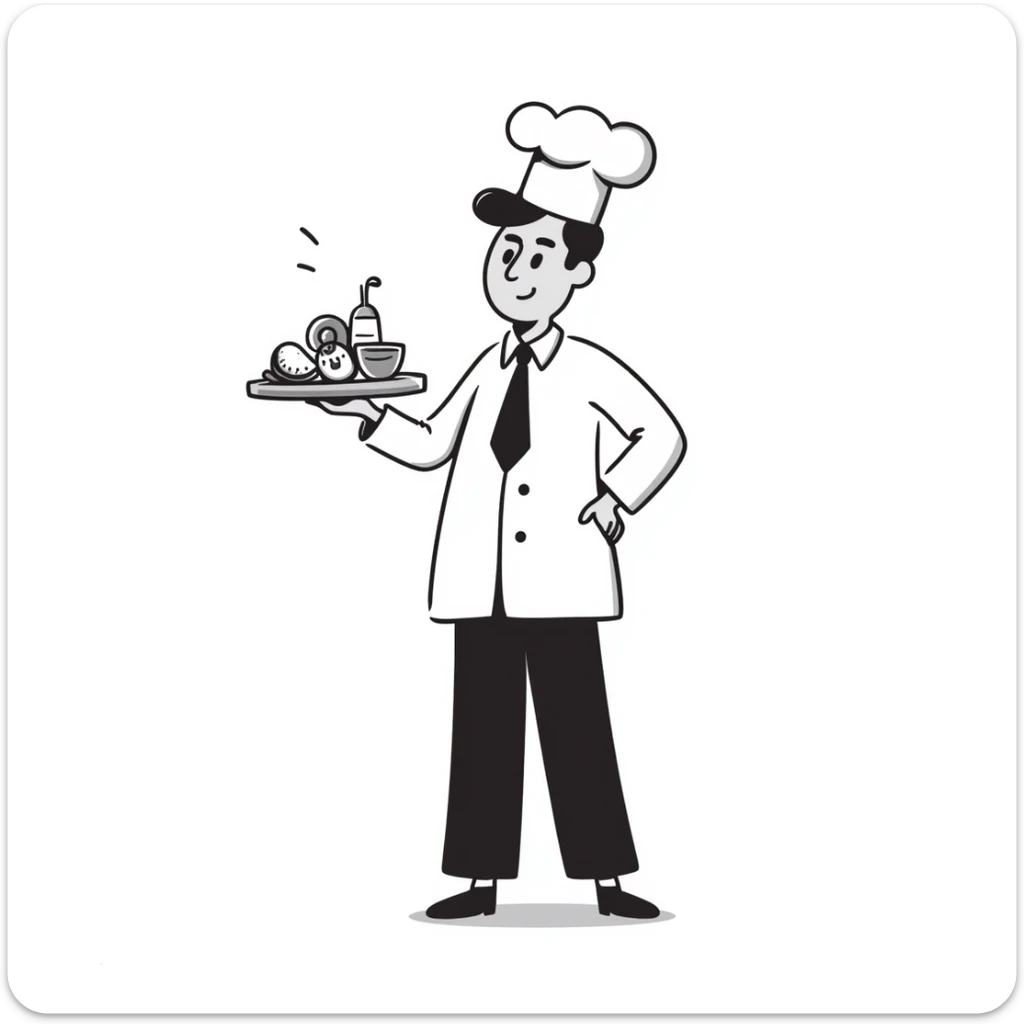 Chef in business attire with chef hat, confidently selling food products sticker