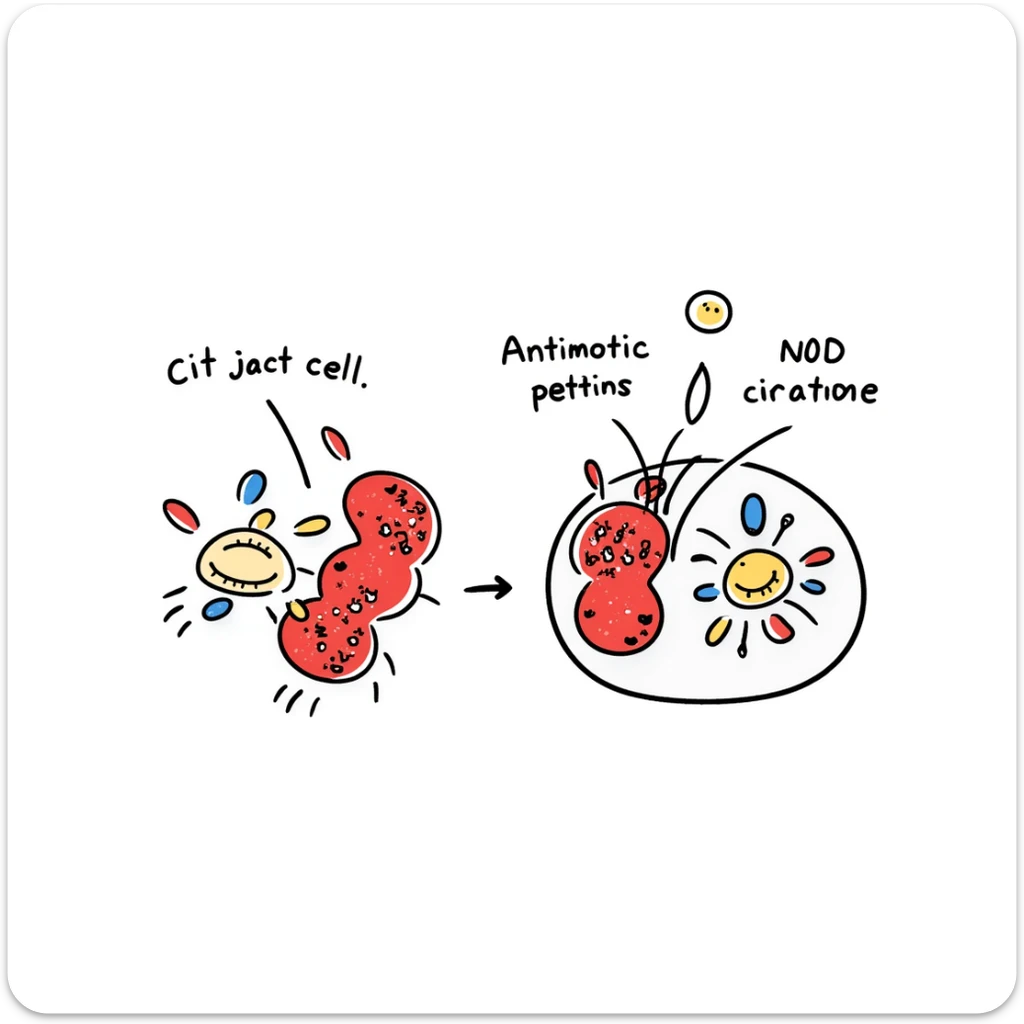 Anatomical diagram of antimicrobial mechanism: red bacteria with labeled parts (cell wall, membrane, DNA) surrounded by yellow antibiotic molecules and blue antimicrobial peptides breaking through cell structures. Hand-drawn scientific illustration with detailed cross-section view. sticker