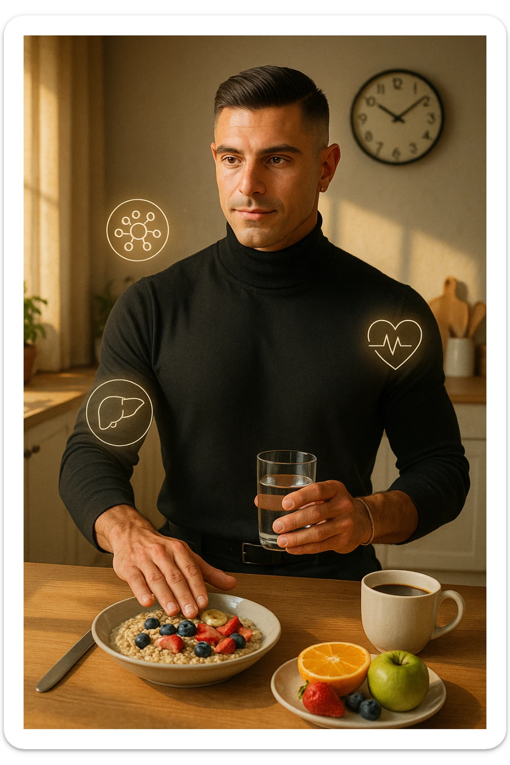 A realistic, cinematic illustration of a man in his early 30s with a fit, healthy appearance, standing in a bright kitchen in the morning. The kitchen table has a prepared but untouched healthy breakfast (oatmeal, fruit, coffee) on it, while the man, with a calm and focused expression, gently pushes the plate away with one hand while holding a glass of water in the other. A wall clock in the background shows 8:00 AM, indicating the morning fasting window, while sunlight streams in, illuminating the scene. Subtle glowing icons of a regenerating cell, a clean liver, and a heart float softly around him, symbolizing the health benefits of intermittent fasting. The atmosphere is clean, minimal, and motivating, showing that the man chooses intermittent fasting consciously for health, clarity, and energy rather than weight loss alone. The color palette is warm, with natural light and a slight film grain for depth sticker