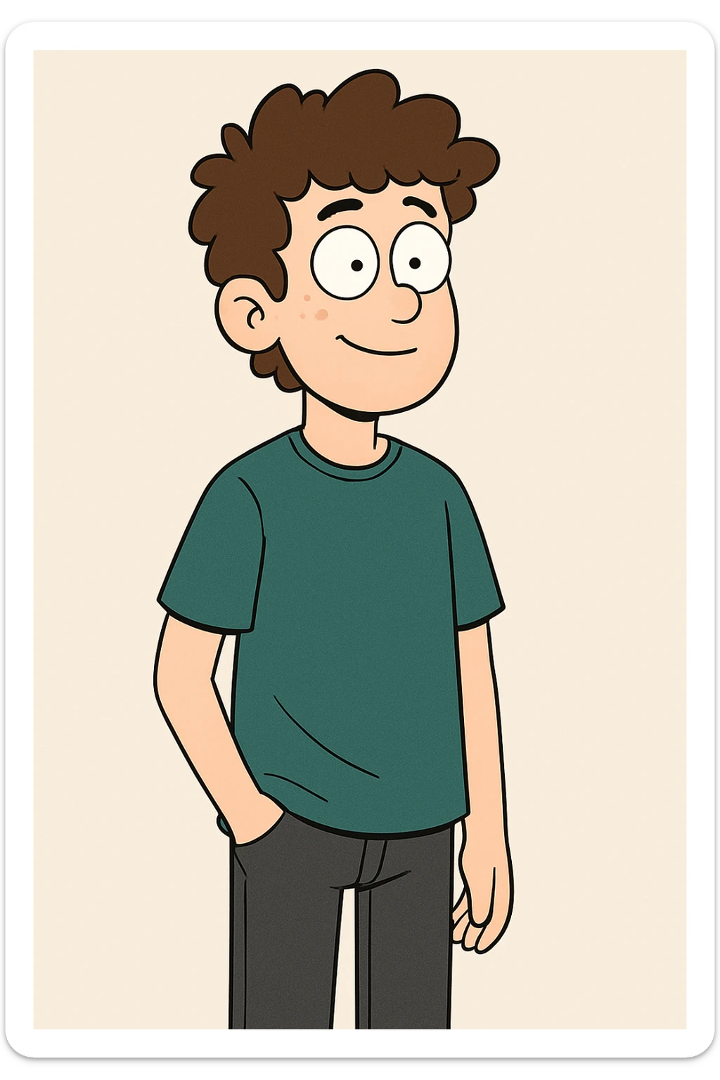 A boy brown curly hair green t-shirt Bright Blue Connector 2.0 (STSU207) black jeans sticker