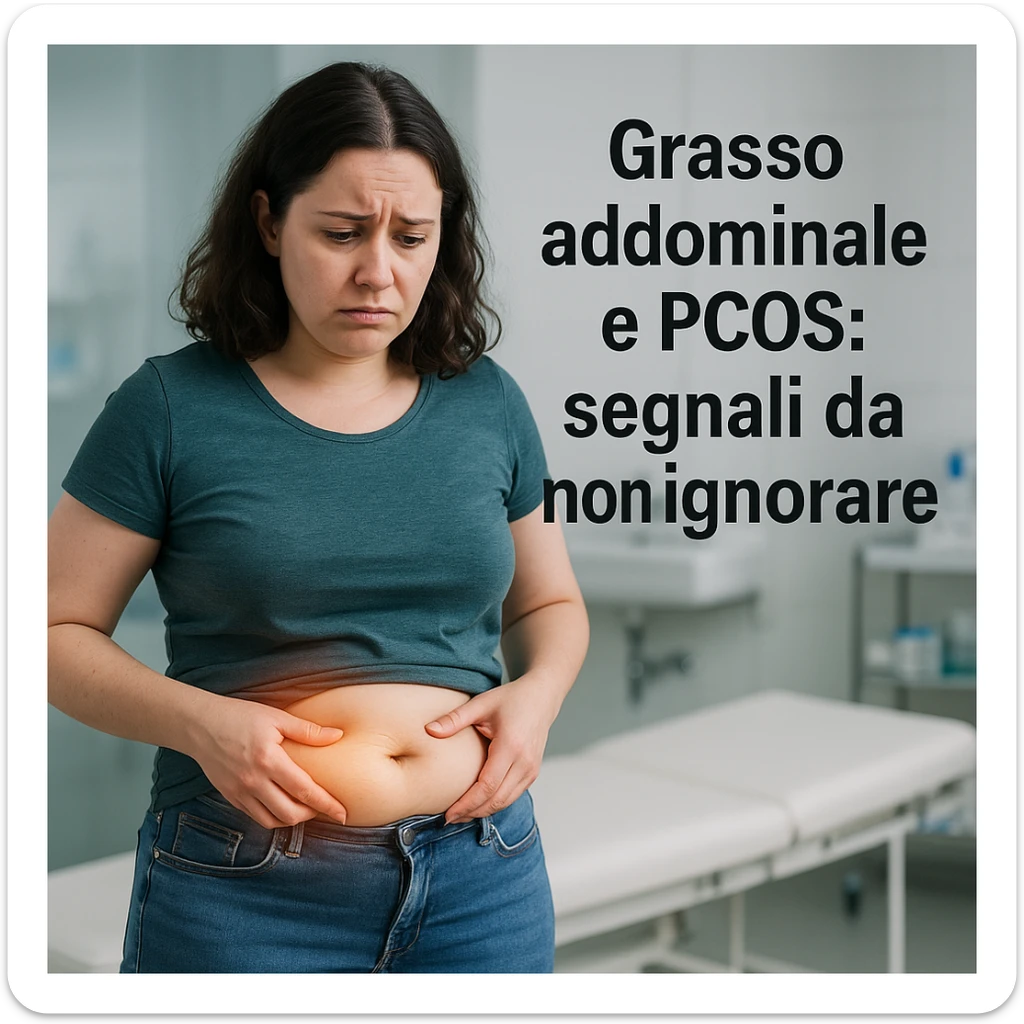 woman with PCOS in casual clothing, fat accumulation on belly highlighted by light, worried expression, clinical background, Italian text: 'Grasso addominale e PCOS: segnali da non ignorare', 4K quality sticker