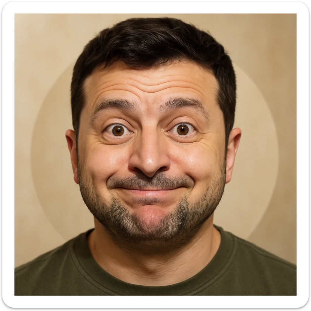 photorealistic emoji style portrait of Zelensky, round face, slightly goofy expression sticker