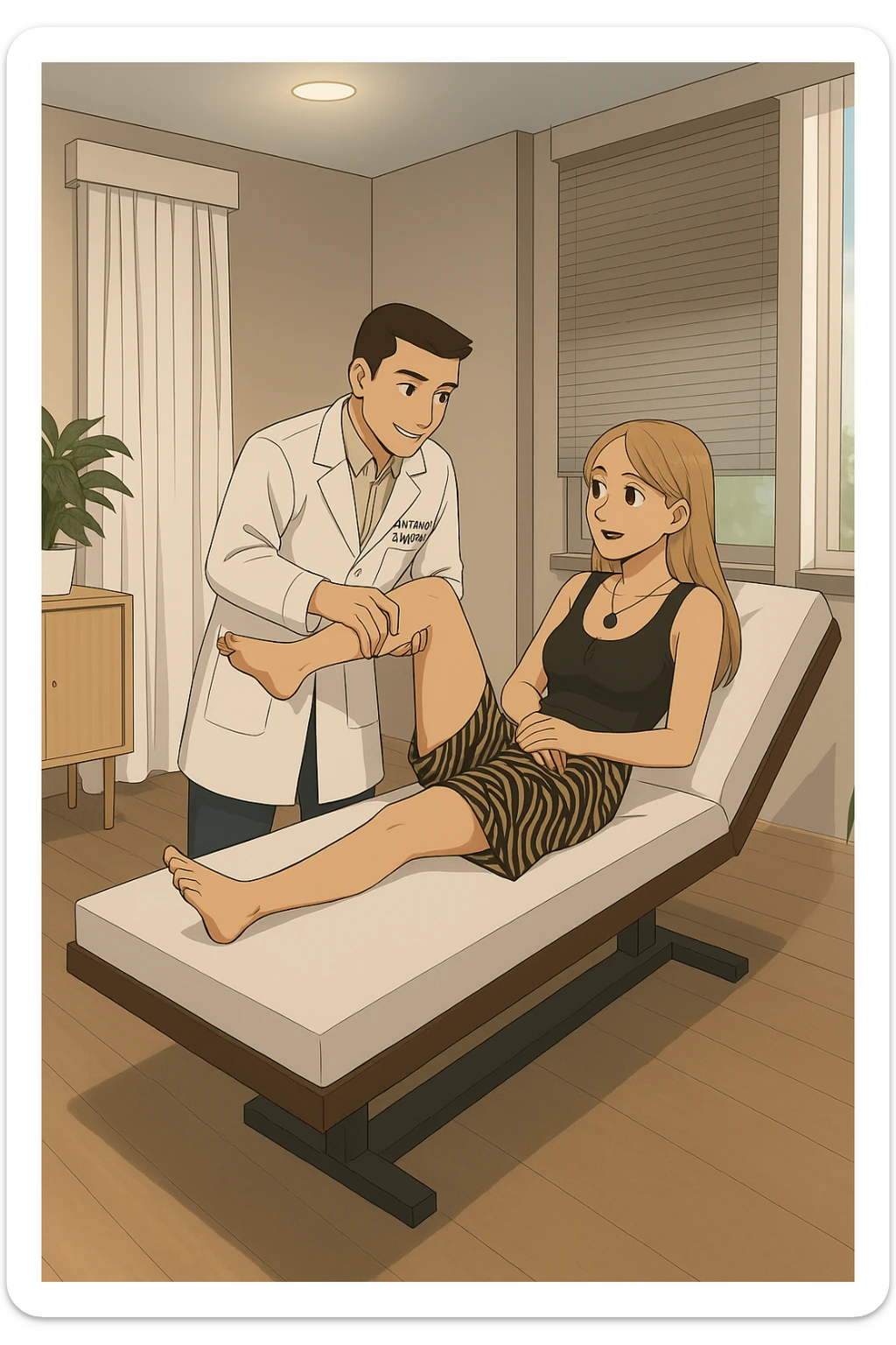 fai un webtoon/manga a colori con questo kinesiologo in camice bianco (fagli la scritta "ANTONIO ANANIA" SUL CAMICE) CHE SVOLGE UN TEST NEUROMUSCOLARE SOLLEVANDO UNA GAMBA ALLA RAGAZZA CHE è STESA SU UN LETTINO BIANCO. STANZA SEMPLICE E MODERNA, DURANTE IL TEST I DUE DIALOGANO TRA LORO. NON FARE I FUMETTI, FAI SOLO LORO COME SE DIALOGASSERO sticker