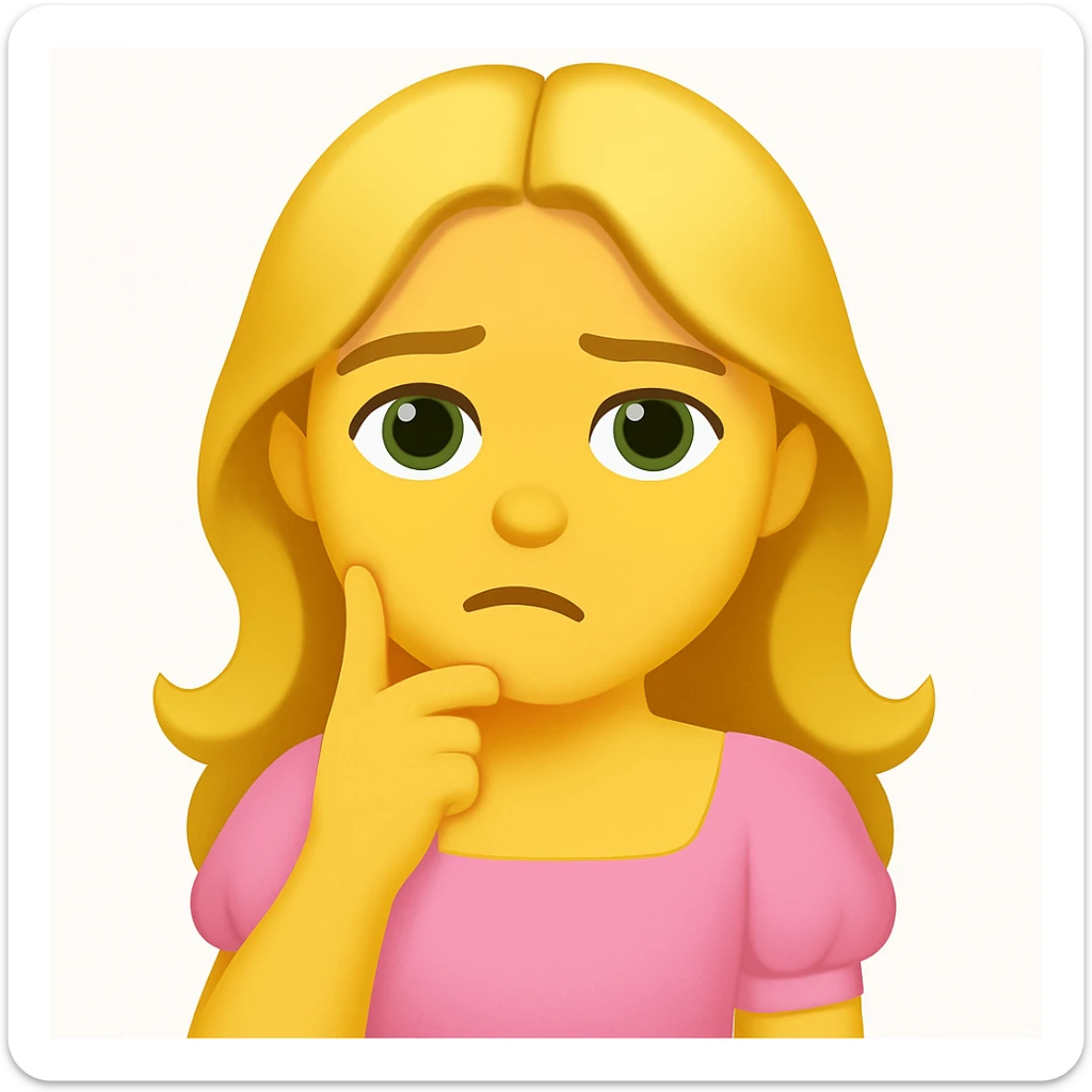 Create an iOS emoji style image of a blonde with long hair, green swamp eyes, and a pink pastel dress with a thoughtful expression. Keep all facial features, clothes, and hairstyle from the reference image. sticker