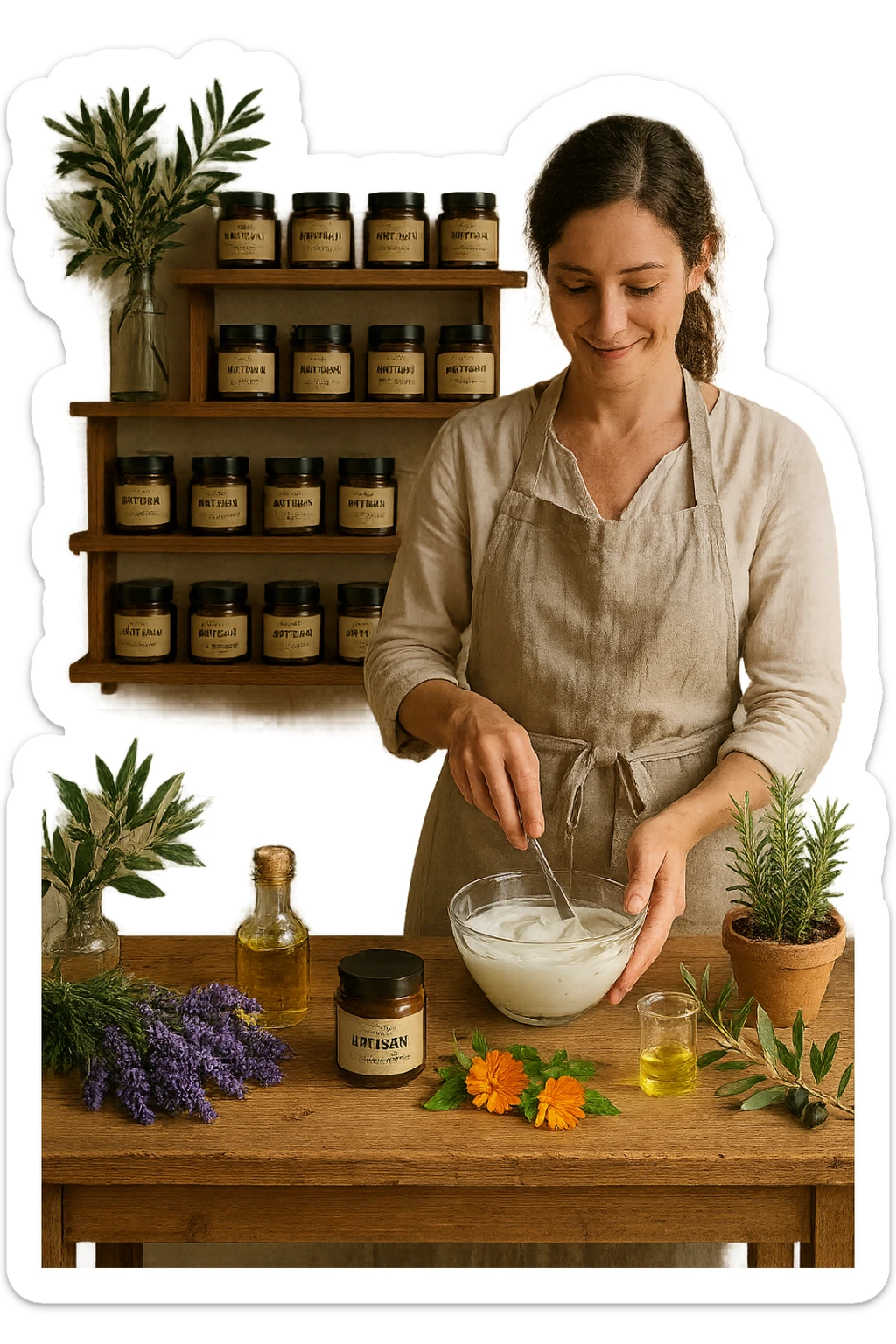 A realistic, high-quality photo of a small artisan skincare laboratory in Italy, with wooden shelves displaying beautifully packaged glass jars of natural creams made with herbal and botanical extracts, olive oil, and essential oils, clearly labeled ‘100% Natural’ and ‘Artisan Made in Italy’. The scene includes a bright, sunlit rustic workspace with plants, fresh lavender, rosemary, calendula flowers, and olive branches on the wooden counter, symbolizing purity and nature. A female artisan in a linen apron is carefully mixing creams in a glass bowl, smiling softly. The environment feels warm, authentic, and eco-friendly, emphasizing the concept of handcrafted skincare without synthetic chemicals sticker