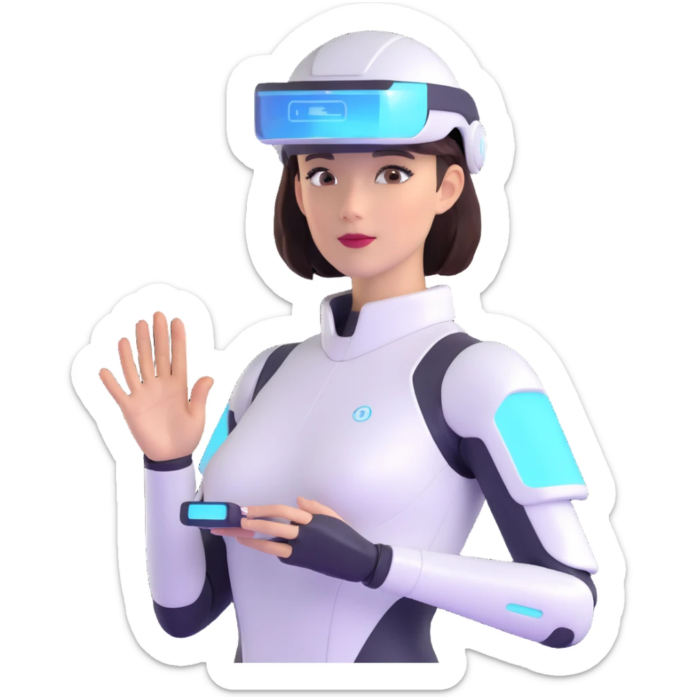 human-like female autonomous AI agent, wearing a visor, holding a holographic interface, futuristic and approachable sticker