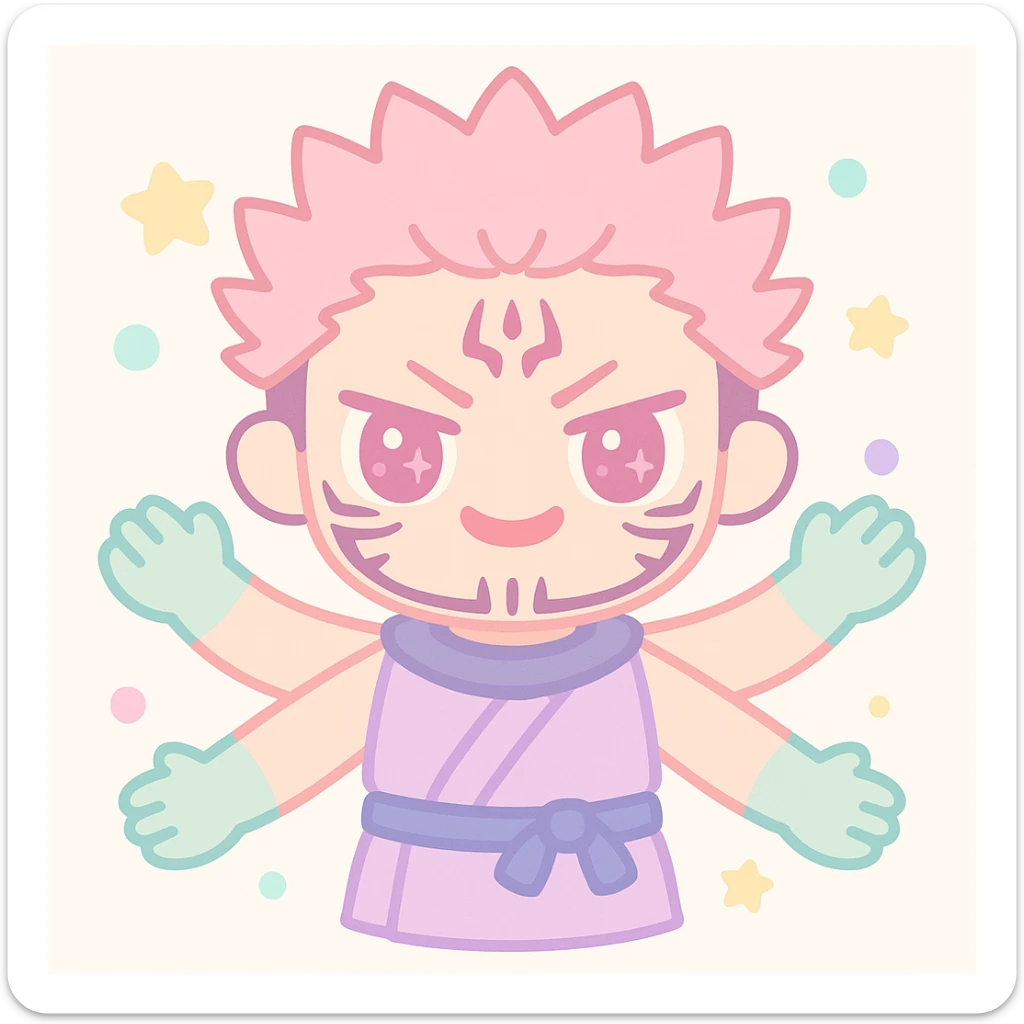 Sukuna from Jujutsu Kaisen, menacing expression, four arms, facial markings, anime style sticker
