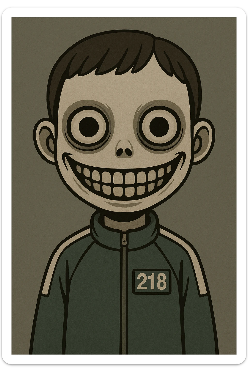 scary boy doll with a wide, unsettling smile, inspired by Squid Game, in a minimalist, unsettling cartoon style sticker