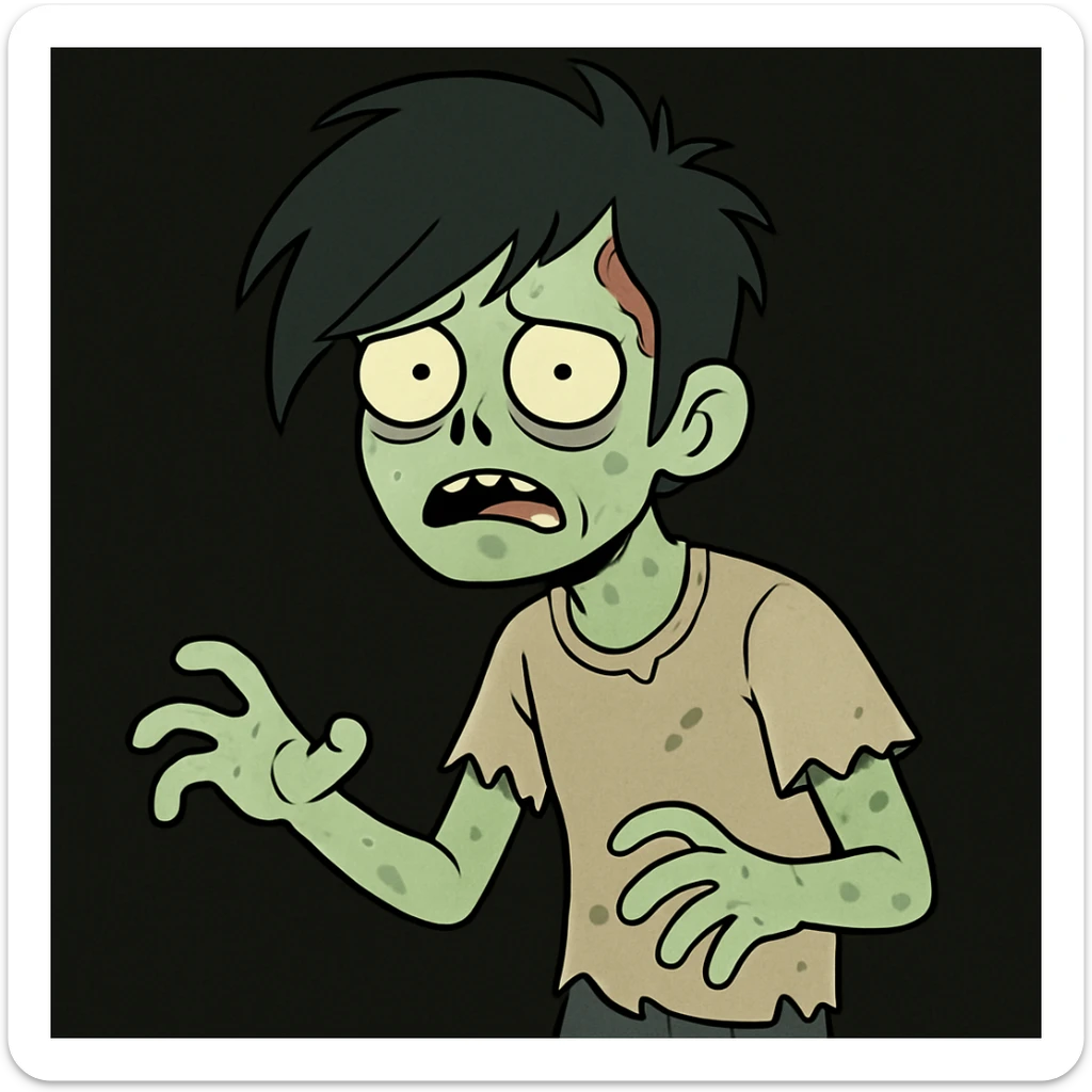 zombie boy with black emo hair on a black background, cartoon style sticker