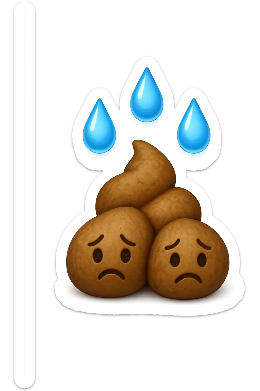 emoji stile iphone di una montagnetta di feci umane realistiche a palline tristi con sopra un simbolo delle gocce di acqua, iperrealistico 4k sticker