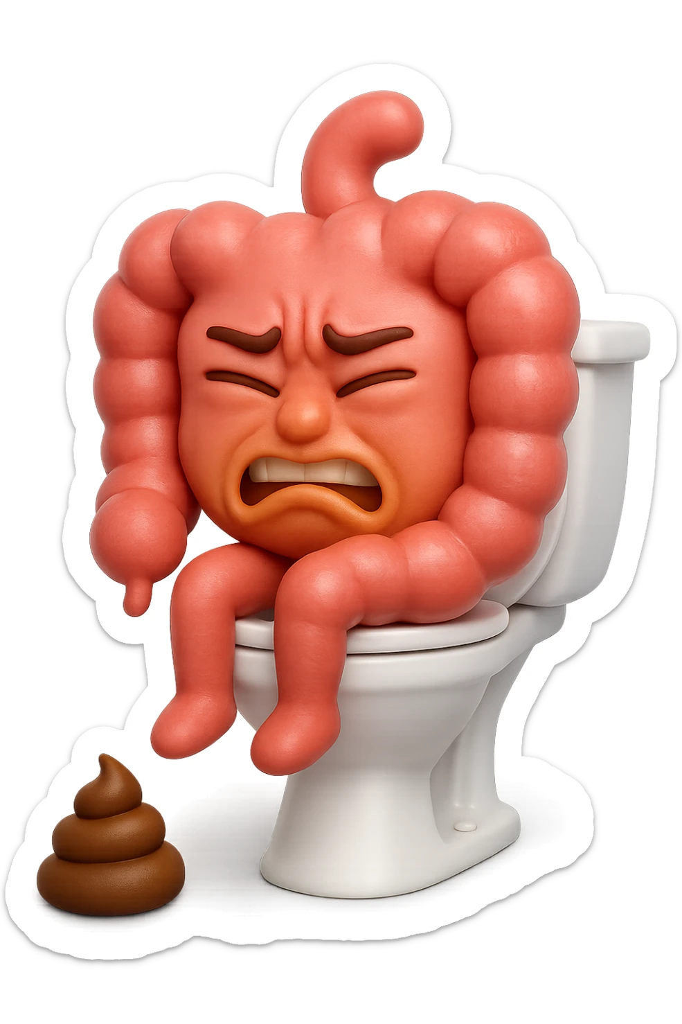 SU QUESTO STILE FAI UN EMOJI STILE IPHONE 3D DI UN INTESTINO CHE sta seduto sul wc e davanti ha una montagnetta di feci a palline stile emoji iphone, FAGLI UN ESPRESSIONE di dolore mentre si sforza E FALLO MOLTO REALISTICO IN 3D sticker