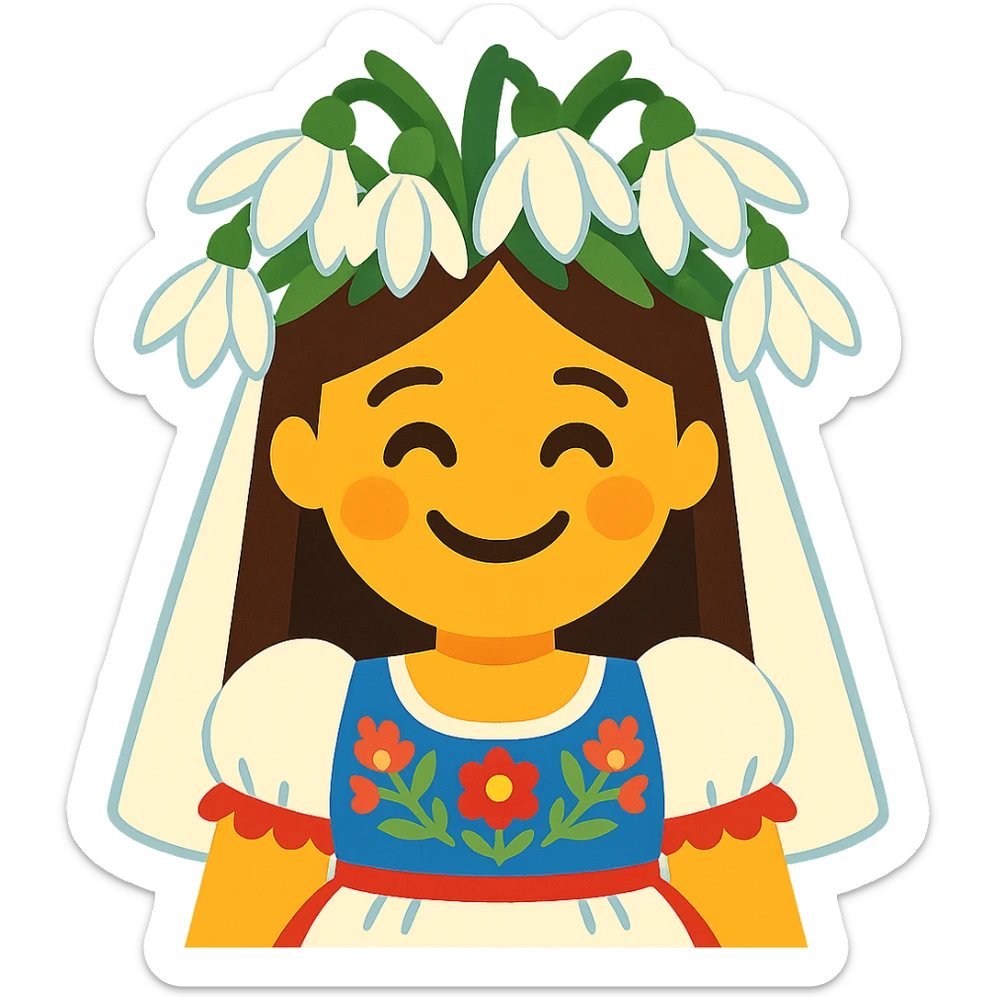 a smiling bride emoji in a modern Slovak folk wedding dress with a large snowdrop flower crown sticker