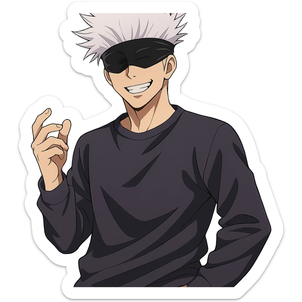 Gojo Satoru, white hair, blindfold, smiling, casual pose, inspired by Jujutsu Kaisen, anime style, no background sticker