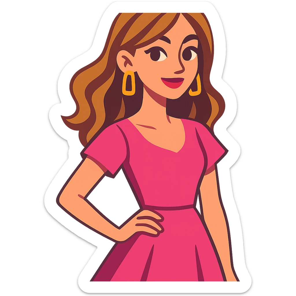 pretty girl, bronde hair, pink dress, elegant and fashionable, vibrant toon style sticker